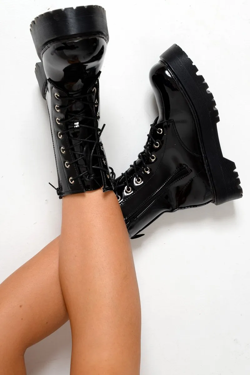 Black Patent Chunky Biker Boots - Adaliz