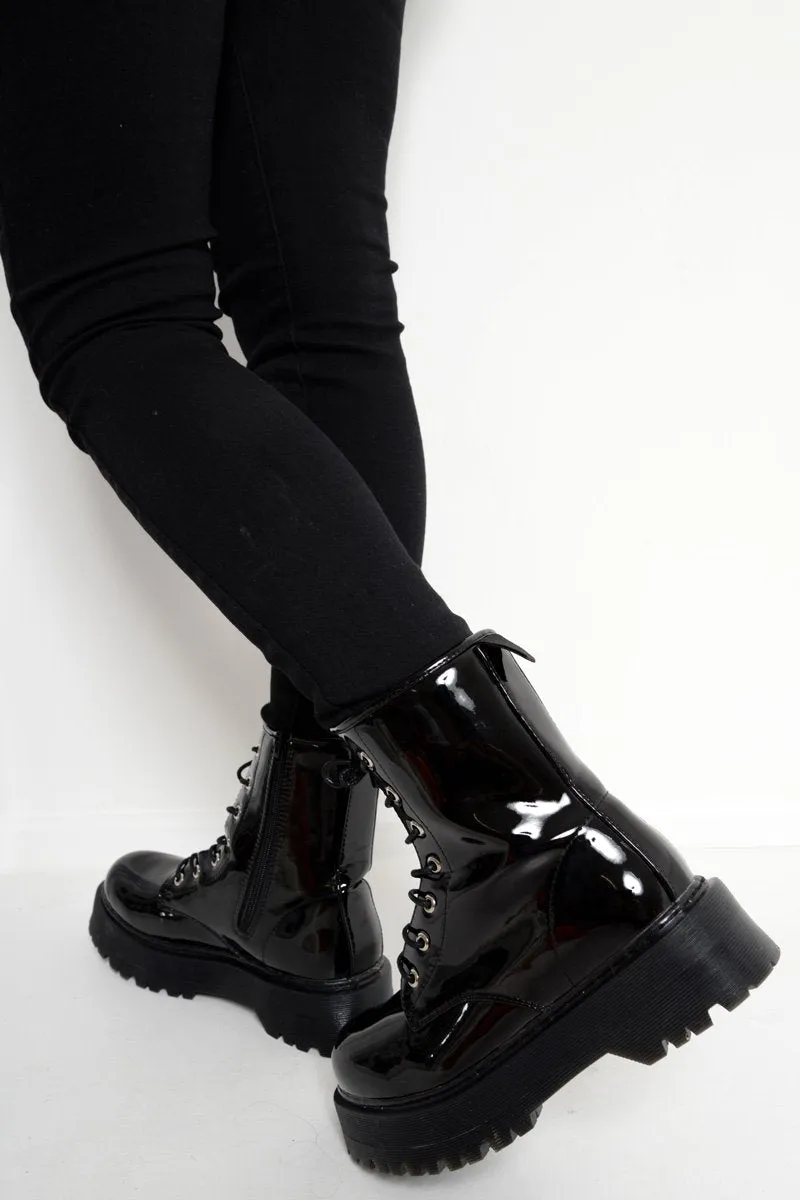 Black Patent Chunky Biker Boots - Adaliz