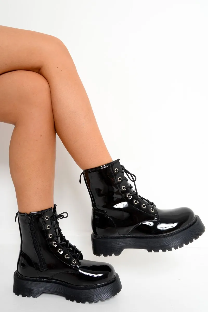 Black Patent Chunky Biker Boots - Adaliz