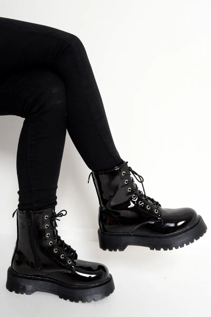 Black Patent Chunky Biker Boots - Adaliz