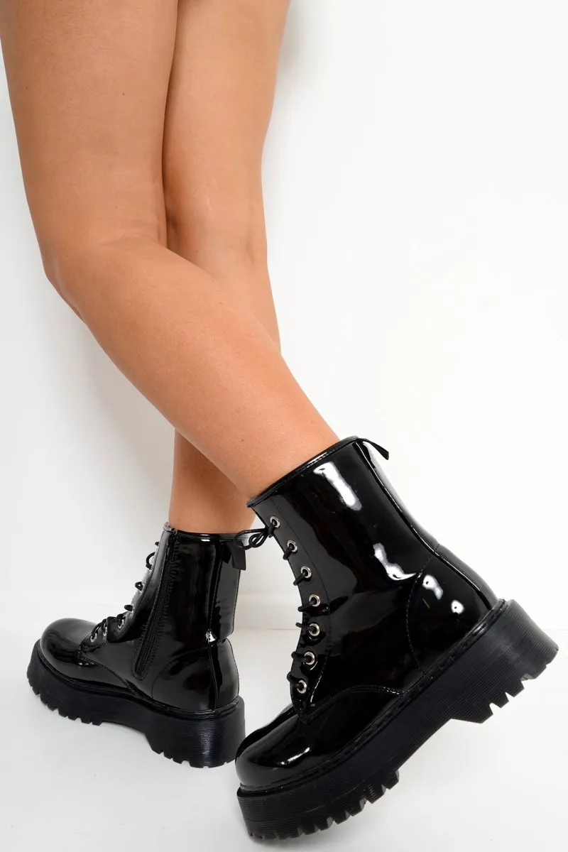 Black Patent Chunky Biker Boots - Adaliz