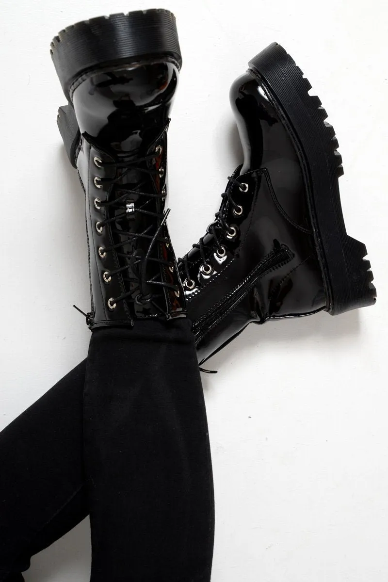 Black Patent Chunky Biker Boots - Adaliz