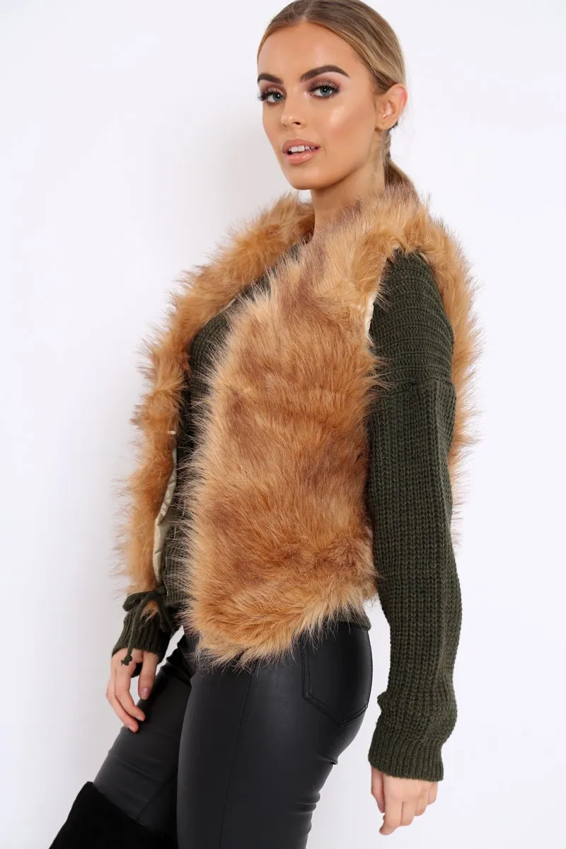 Camel Faux Fur Cropped Gilet - Nadia