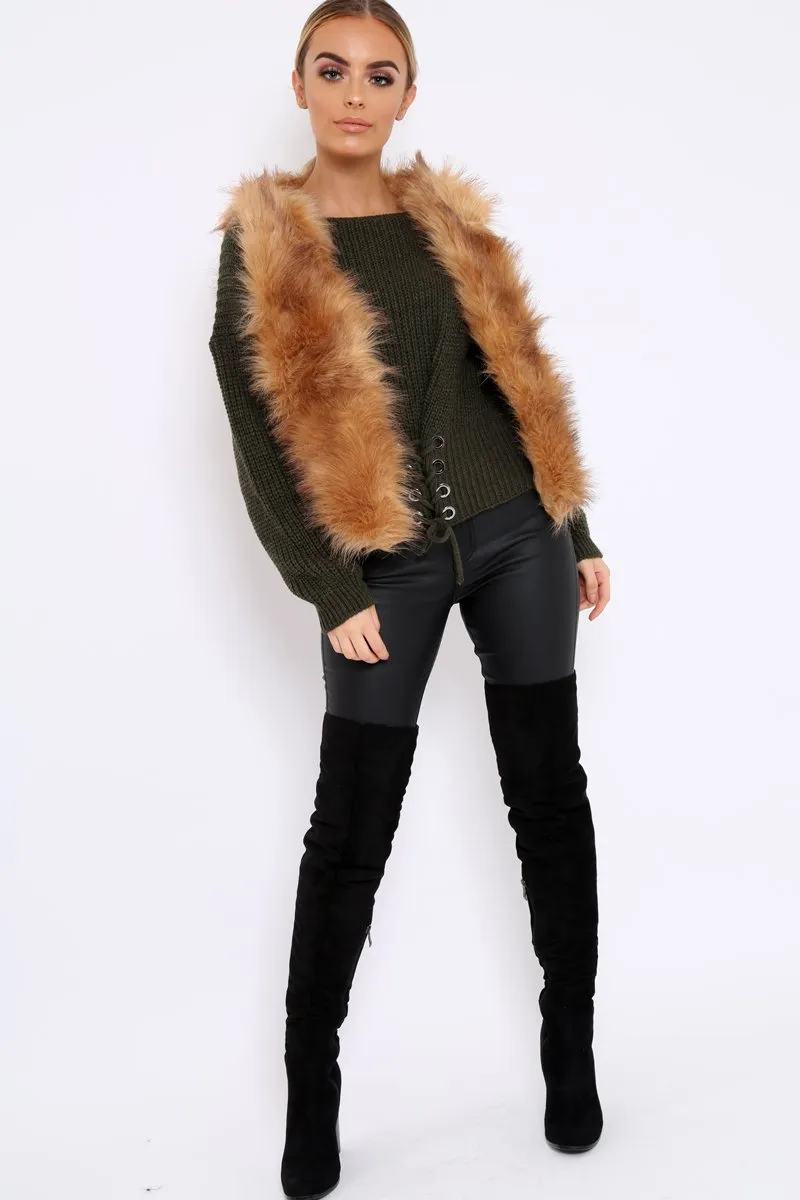 Camel Faux Fur Cropped Gilet - Nadia