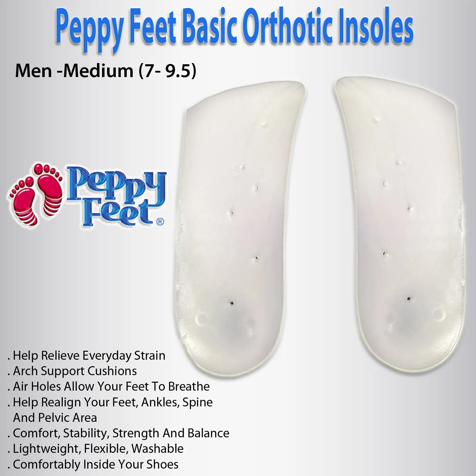 Peppy Feet Basic Orthotic Insoles - Men -Medium (7- 9.5)