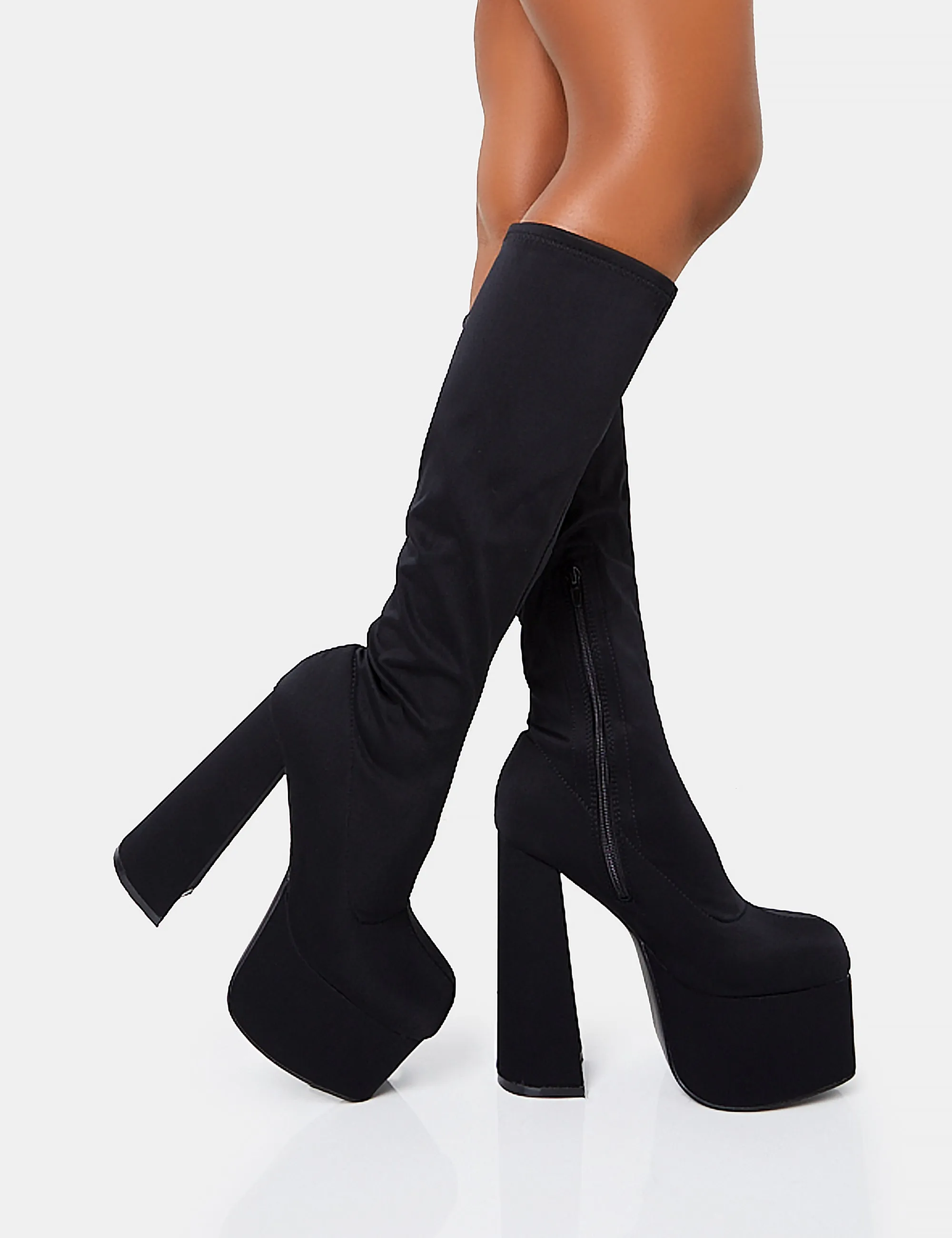 Polished Black Nylon Platform Rounded Block Heeled Knee High Boots