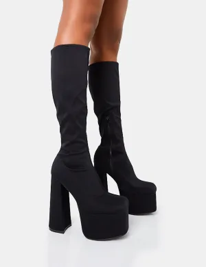 Polished Black Nylon Platform Rounded Block Heeled Knee High Boots