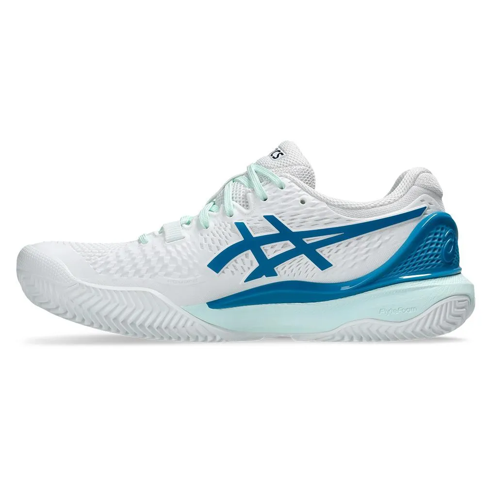 Womens Gel-Resolution 9 Clay Tennis Shoes White and Teal Blue